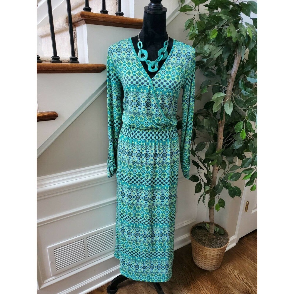 AmberNoon II Women Blue Rayon V-Neck Long Sleeve Knee length Dress Size X-Small